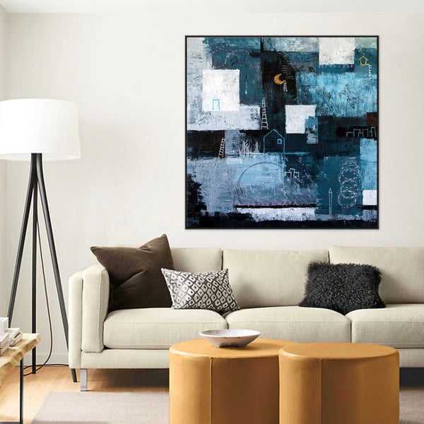 Original Abstract Painting in Acrylic, Evocative Large Modern Canvas Wall Art of Nostalgic Nightscapes | Night Town