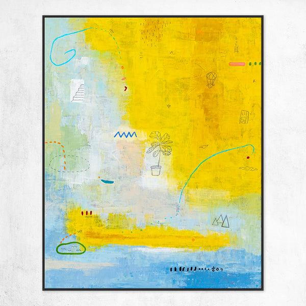 Abstract Painting, Bright and Cheerful Yellow Theme, Small Elements with Pencils and Oil Pastels | Nolan (24"x30")