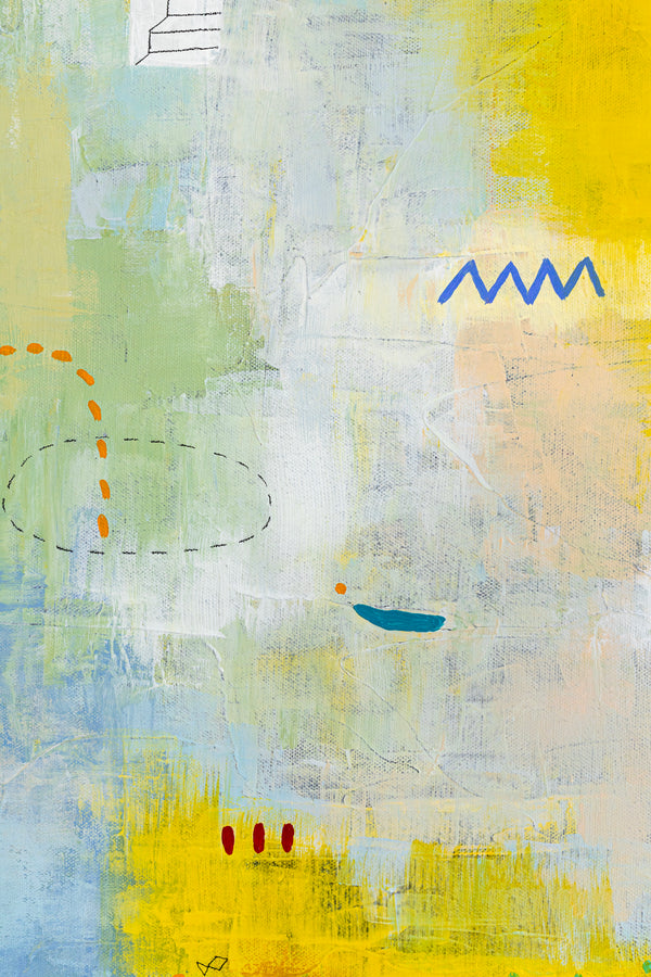 Abstract Painting, Bright and Cheerful Yellow Theme, Small Elements with Pencils and Oil Pastels | Nolan (24"x30")