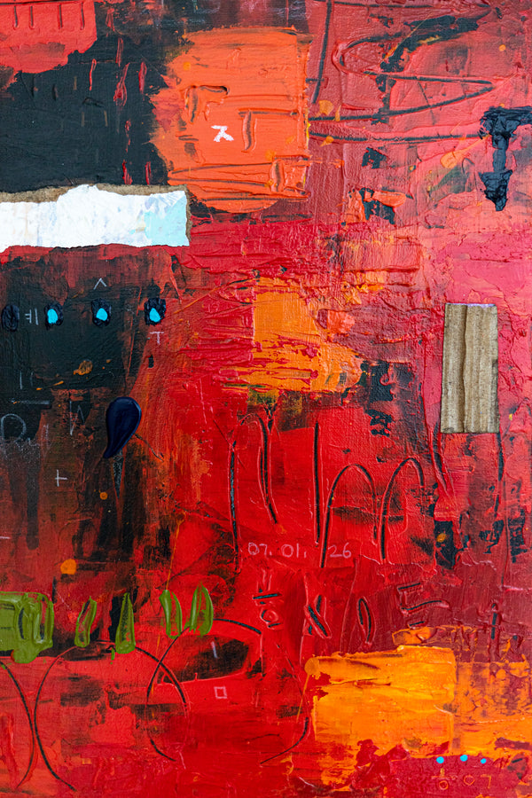 Abstract Painting - Red Original Wall Art – Large Oil & Acrylic on Canvas – Mixed Media Modern Wall Art – Oratio Rubra (24"x24" | 60x60cm)