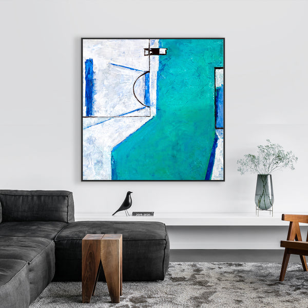 Geometric Original Abstract Acrylic Painting, Large of Contemporary Modern Canvas Wall Art in Turquoise | Out there