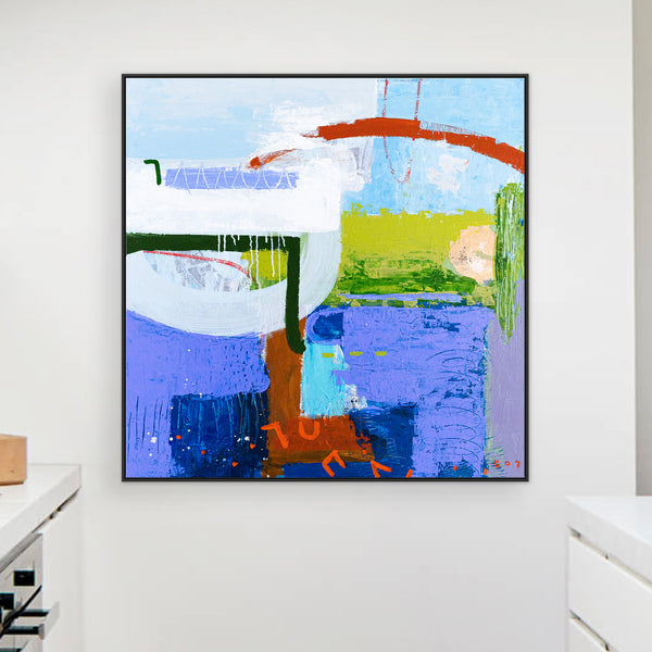 Modern Abstract Painting in Serene Blue, Oil Pastels and Pencils Infuse Contemporary Elegance | Parc emotion (36"x36")