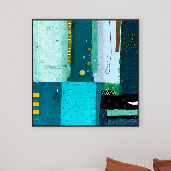 Original Abstract Colorful Painting, Unique Modern Canvas Wall Art with Green Color Theme | Petit Paon (24"x24")