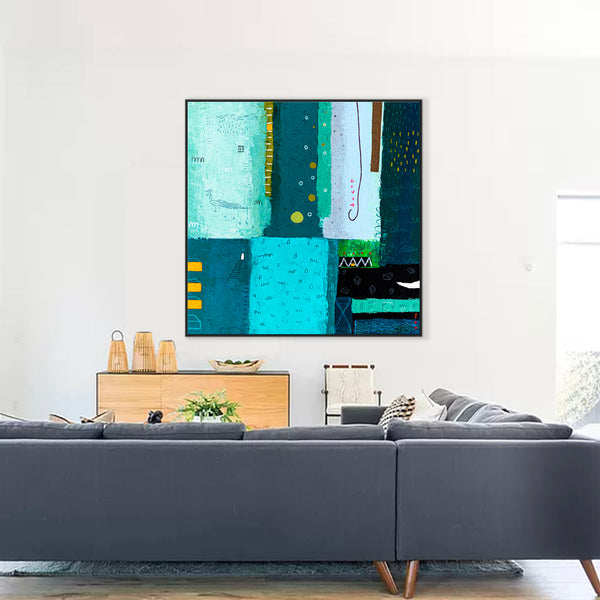 Teal Original Abstract Colorful Acrylic Painting, Unique Modern Canvas Wall Art with Green Color Theme | Petit Paon