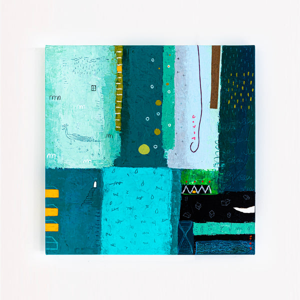 Original Abstract Colorful Painting, Unique Modern Canvas Wall Art with Green Color Theme | Petit Paon (24"x24")