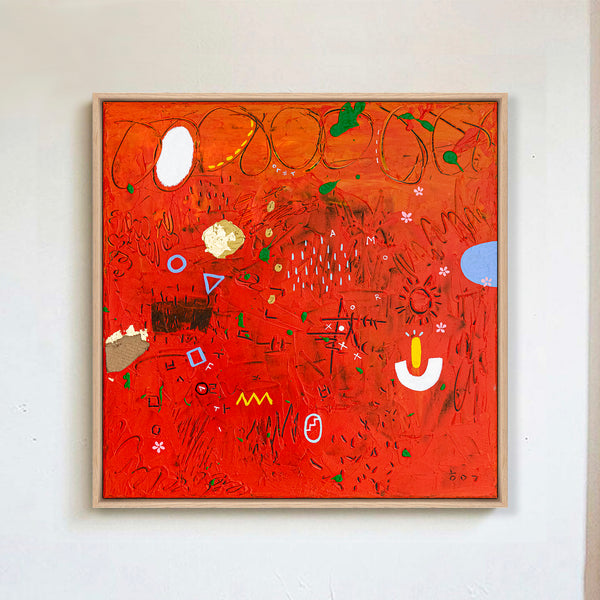 Abstract Painting - Original Wall Art – Oil & Acrylic on Canvas – Red Contemporary Modern Wall Art – Pretiosus Cadmii (20"x20" | 50x50cm)