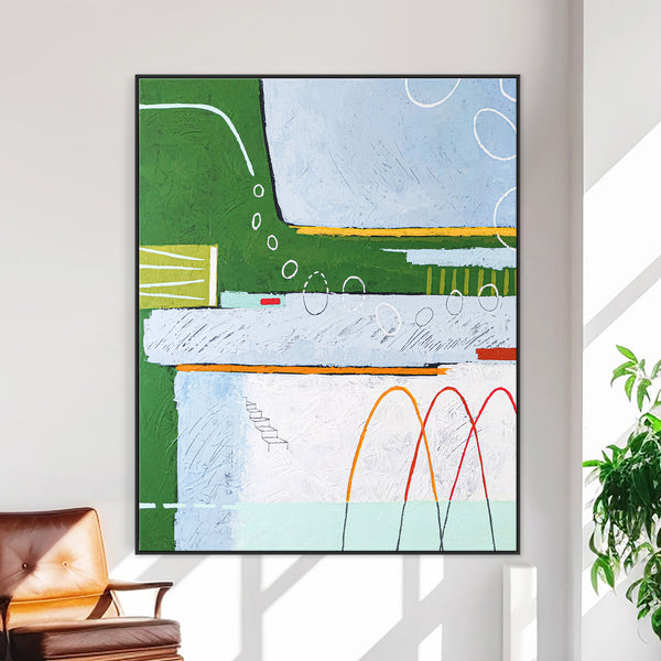 Dreamy Physics in Geometric Abstract Painting, Green Emphasis Original Modern Canvas Art | Realm (Vertical Ver.)