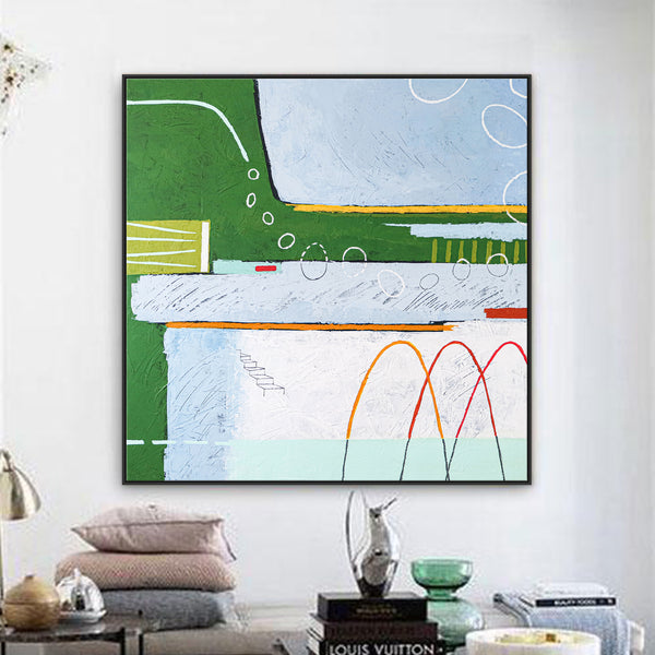 Dreamy Physics in Geometric Abstract Painting in Acrylic, Green Emphasis Original Modern Canvas Wall Art | Realm