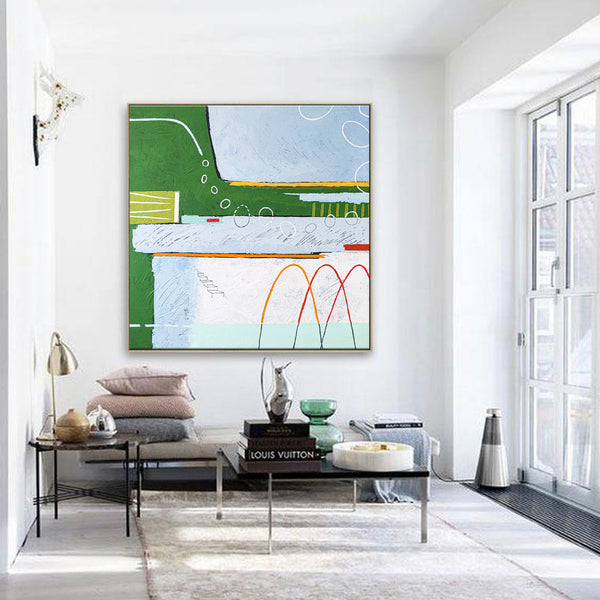 Dreamy Physics in Geometric Abstract Painting in Acrylic, Green Emphasis Original Modern Canvas Wall Art | Realm