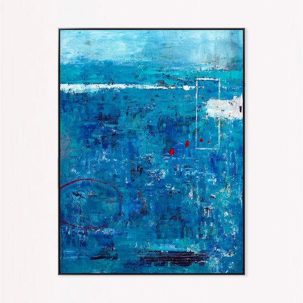 Blue Original Abstract Acrylic Painting in Rough Brush Strokes, Large Modern Canvas Wall Art | Red dot transported