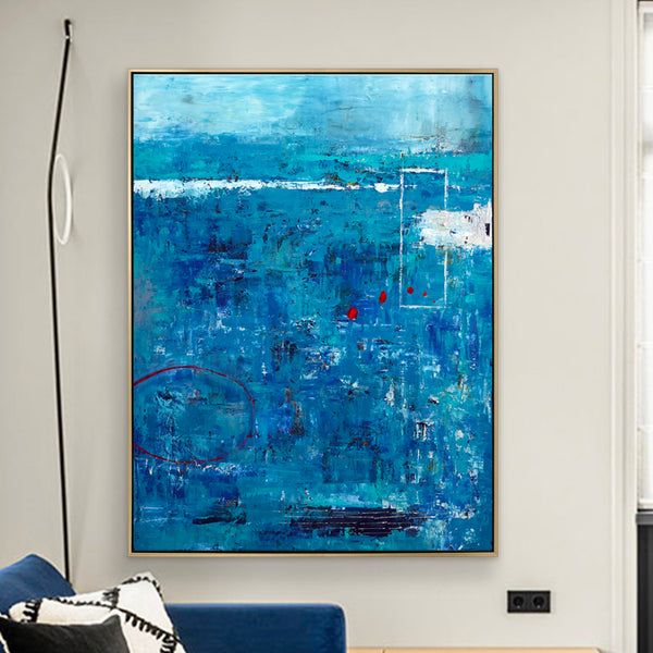 Blue Original Abstract Acrylic Painting in Rough Brush Strokes, Large Modern Canvas Wall Art | Red dot transported