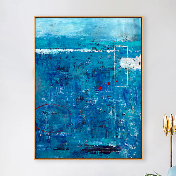 Blue Original Abstract Acrylic Painting in Rough Brush Strokes, Large Modern Canvas Wall Art | Red dot transported