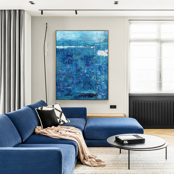 Blue Original Abstract Acrylic Painting in Rough Brush Strokes, Large Modern Canvas Wall Art | Red dot transported