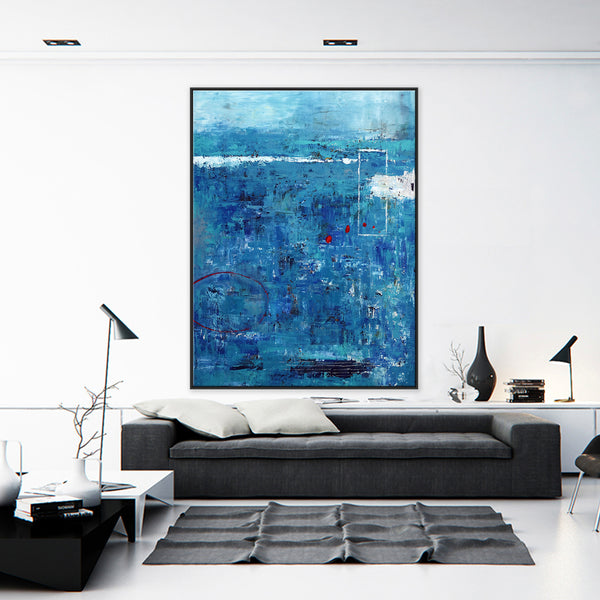 Blue Original Abstract Acrylic Painting in Rough Brush Strokes, Large Modern Canvas Wall Art | Red dot transported