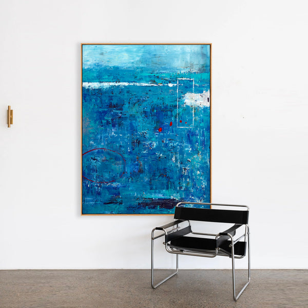 Blue Original Abstract Acrylic Painting in Rough Brush Strokes, Large Modern Canvas Wall Art | Red dot transported
