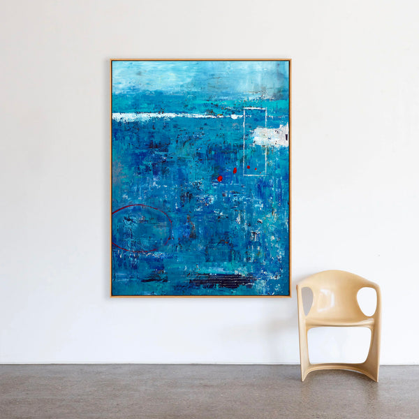 Blue Original Abstract Acrylic Painting in Rough Brush Strokes, Large Modern Canvas Wall Art | Red dot transported