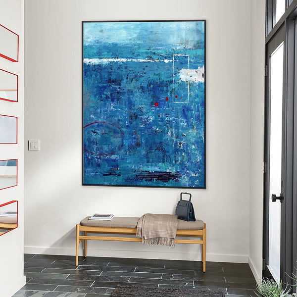 Blue Original Abstract Acrylic Painting in Rough Brush Strokes, Large Modern Canvas Wall Art | Red dot transported