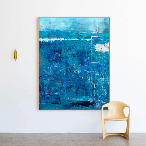 Blue Original Abstract Acrylic Painting in Rough Brush Strokes, Large Modern Canvas Wall Art | Red dot transported