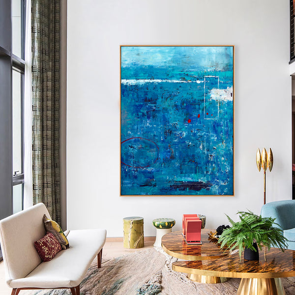 Blue Original Abstract Acrylic Painting in Rough Brush Strokes, Large Modern Canvas Wall Art | Red dot transported