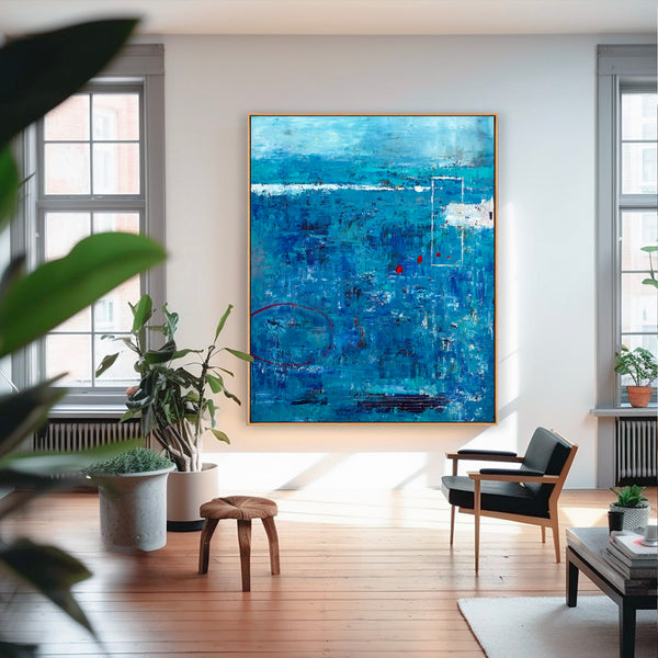 Blue Original Abstract Acrylic Painting in Rough Brush Strokes, Large Modern Canvas Wall Art | Red dot transported