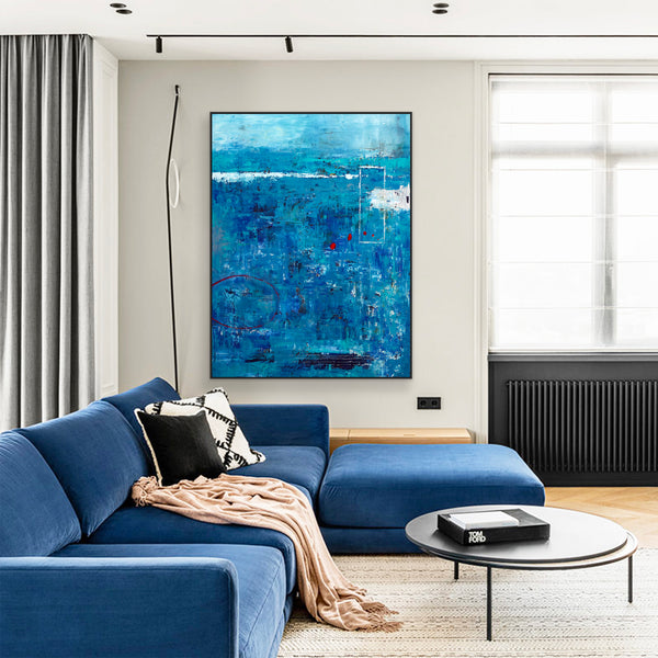 Blue Original Abstract Acrylic Painting in Rough Brush Strokes, Large Modern Canvas Wall Art | Red dot transported