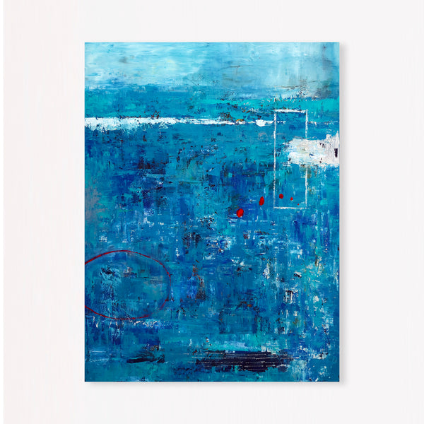 Blue Original Abstract Acrylic Painting in Rough Brush Strokes, Large Modern Canvas Wall Art | Red dot transported