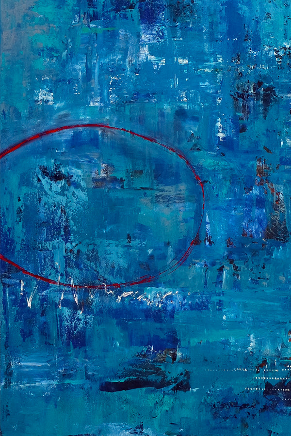 Blue Original Abstract Acrylic Painting in Rough Brush Strokes, Large Modern Canvas Wall Art | Red dot transported