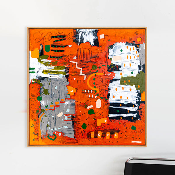 Abstract Painting – Original Wall Art – Acrylic & Oil Painting on Canvas, Mixed Media Framed Painting – Rhythm in Orange – 20"x20" (50x50cm)