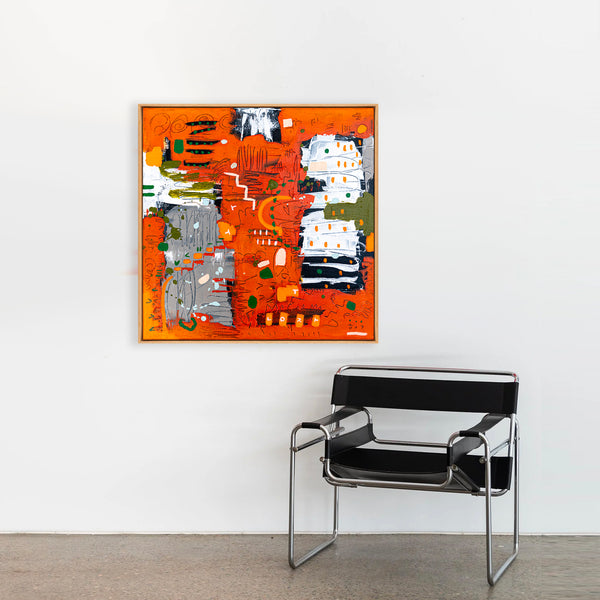 Abstract Painting – Original Wall Art – Acrylic & Oil Painting on Canvas, Mixed Media Painting – Rhythm in Orange – 20"x20" (50x50cm)