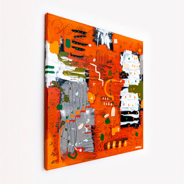 Abstract Painting – Original Wall Art – Acrylic & Oil Painting on Canvas, Mixed Media Framed Painting – Rhythm in Orange – 20"x20" (50x50cm)