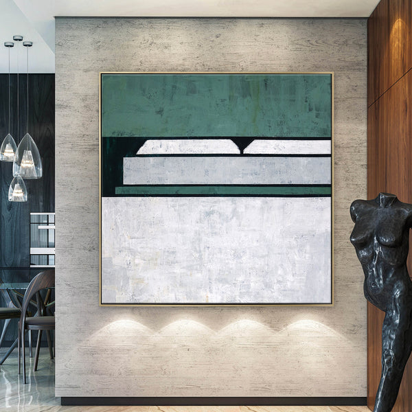 Geometric Minimalist Original Abstract Painting in Acrylic, Large Modern Canvas Wall Art in Green Color | Room I