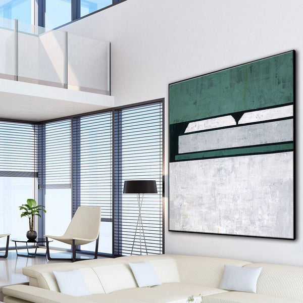 Geometric Minimalist Original Abstract Painting in Acrylic, Large Modern Canvas Wall Art in Green Color | Room I