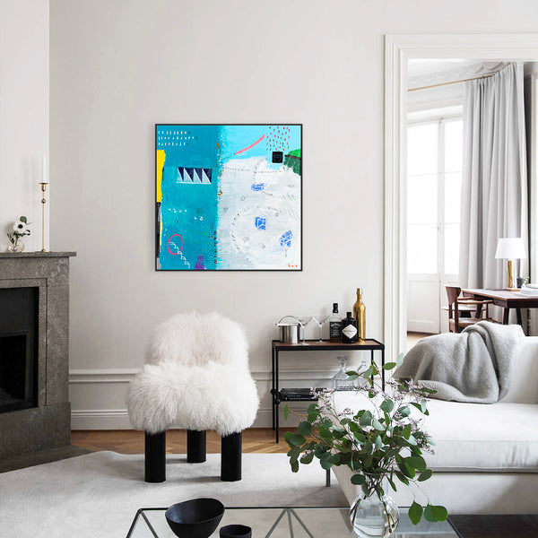 Modern Abstract Original Painting with Mixed Media, Canvas Wall Art  in Bright Blue Tones | Sen (36"x36")