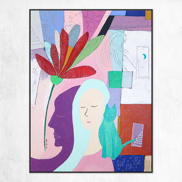 Abstract Expressionism in Modern Abstract Original Painting, Wall Art with Women and Cats Theme | She and her purple shadow (30"x40")