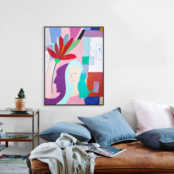 Abstract Expressionism in Modern Abstract Original Painting, Wall Art with Women and Cats Theme | She and her purple shadow (30"x40")