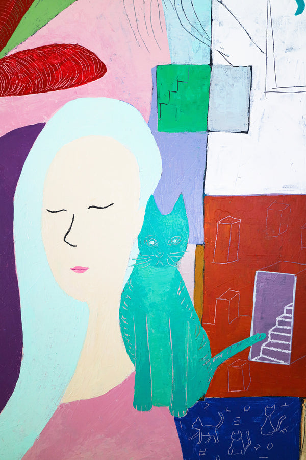 Abstract Expressionism in Modern Abstract Original Painting, Wall Art with Women and Cats Theme | She and her purple shadow (30"x40")