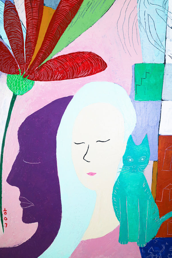 Abstract Expressionism in Modern Abstract Original Painting, Wall Art with Women and Cats Theme | She and her purple shadow (30"x40")
