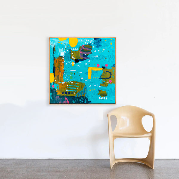 Abstract Painting – Original Acrylic & Oil Painting on Canvas, Mixed Media Framed Painting – Signs of a Quiet Day – 20"x20" (50x50cm)