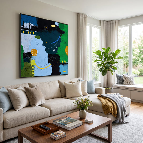 Moody Teal Blue Abstract Wall Art — Bold Original Oil Painting, Textured Canvas — "SilvaNatis"