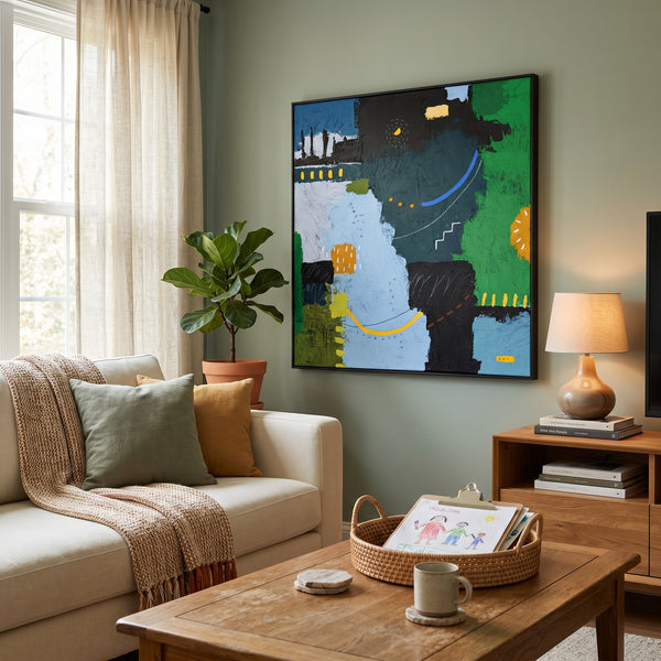 Moody Teal Blue Abstract Wall Art — Bold Original Oil Painting, Textured Canvas — "SilvaNatis"