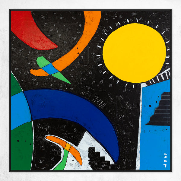 Abstract Expressionist Original Painting of Sun and Moon through Cheerful Colors, Canvas Wall Art | Sol y Luna II (24"x24")