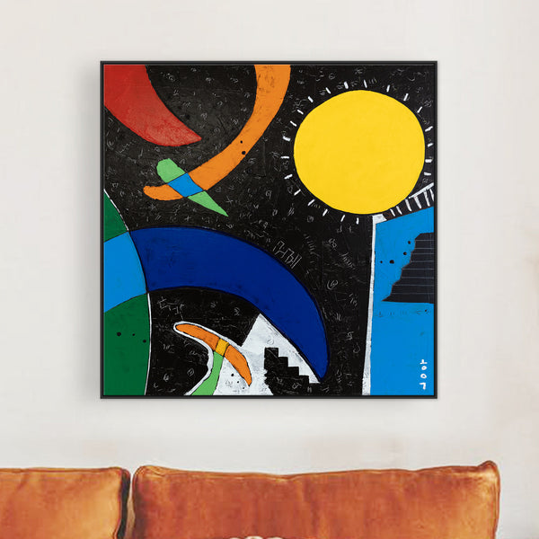 Abstract Expressionist Original Painting of Sun and Moon through Cheerful Colors, Canvas Wall Art | Sol y Luna II (24"x24")