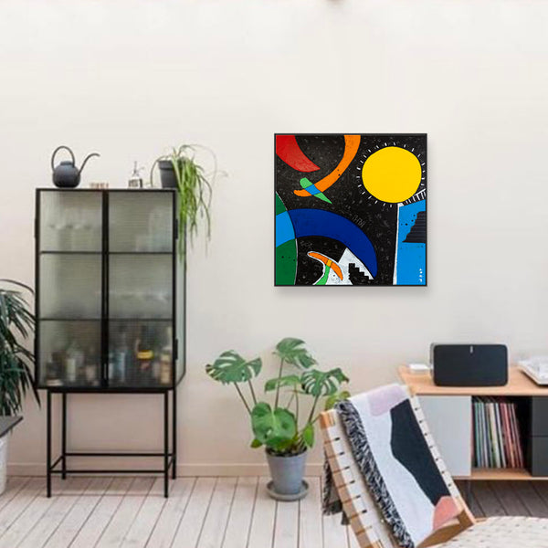 Abstract Expressionist Original Painting of Sun and Moon through Cheerful Colors, Canvas Wall Art | Sol y Luna II (24"x24")