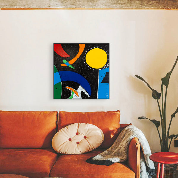 Abstract Expressionist Original Painting of Sun and Moon through Cheerful Colors, Canvas Wall Art | Sol y Luna II (24"x24")