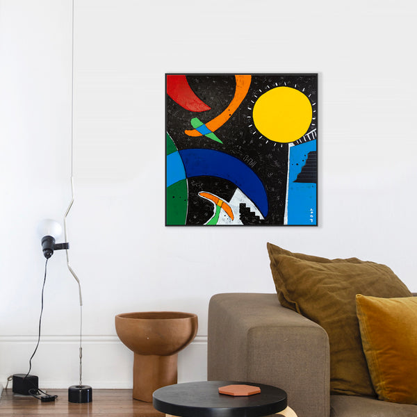 Abstract Expressionist Original Painting of Sun and Moon through Cheerful Colors, Canvas Wall Art | Sol y Luna II (24"x24")