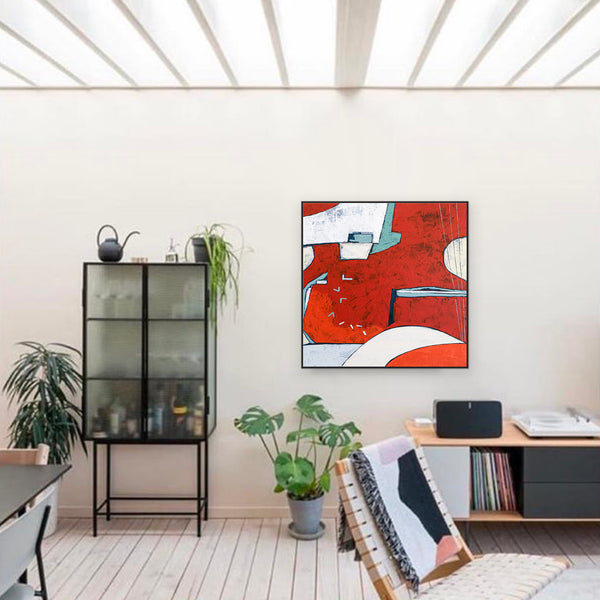Original Abstract Painting in Acrylic, Red Modern Canvas Wall Art | Something about the moon (Square Ver.)