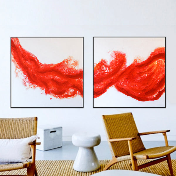 Vibrant Reddish-Orange Modern Original Abstract Acrylic Painting, Large Canvas Wall Art | Splashing flow (2 Set)