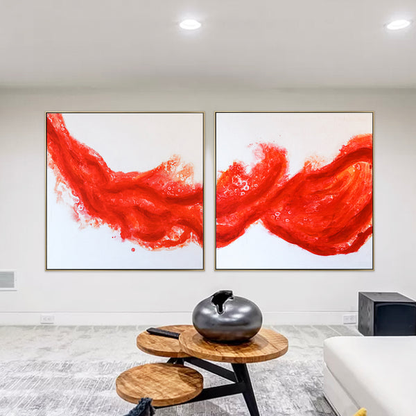 Vibrant Reddish-Orange Modern Original Abstract Acrylic Painting, Large Canvas Wall Art | Splashing flow (2 Set)