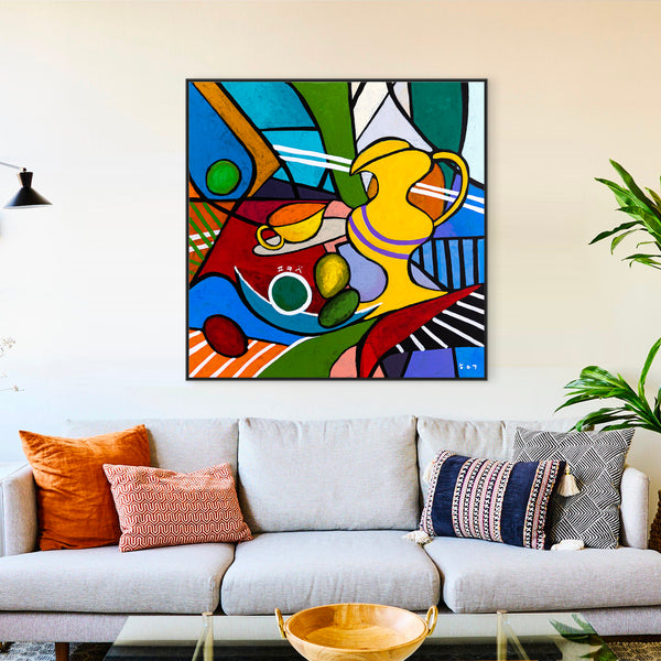 Geometric Original Abstract Painting, Bold Modern Canvas Wall Art in Bright Colors, Modern Take | Still-pop (40"x40")