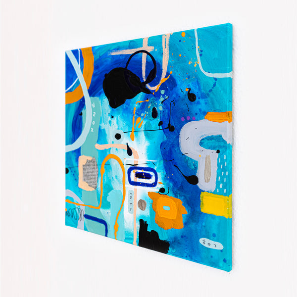 Abstract Painting – Original Wall Art – Acrylic Oil & Mixed Media on Canvas – Blue Yellow Painting – "Subcon-Blau I" – 20"x20" (50x50cm)